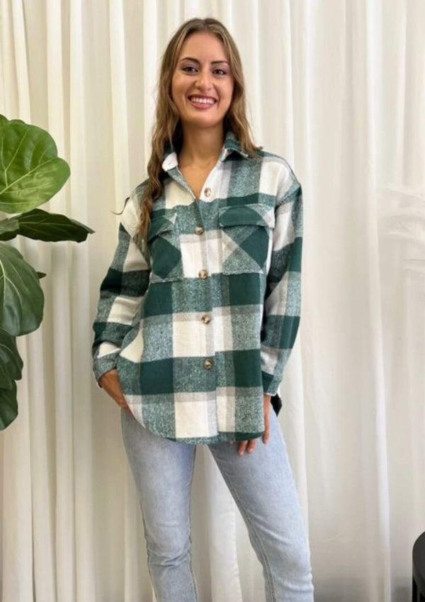Oversized Shacket Top in Emerald Plaid Check
