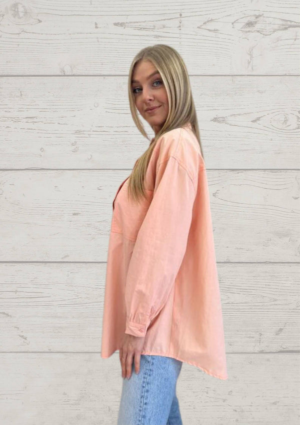 Oversized Cotton Long Sleeve Shirt in Peach