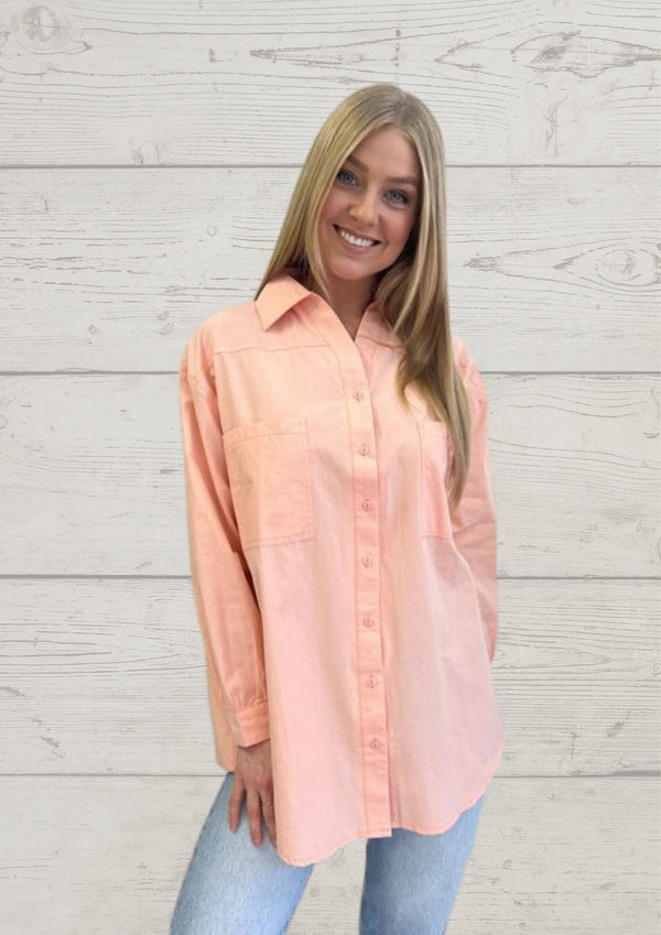 Oversized Cotton Long Sleeve Shirt in Peach