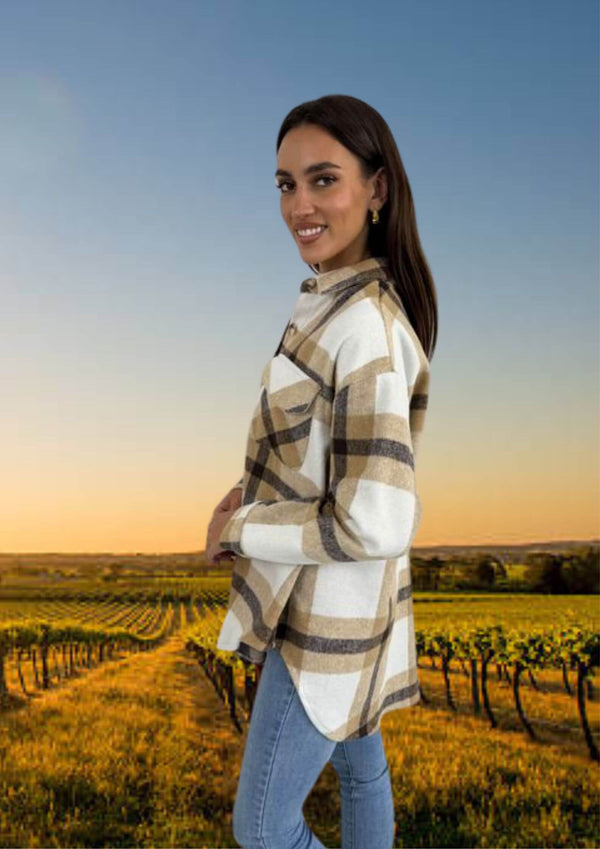 Oversized Shacket Jacket in Tan Plaid Check