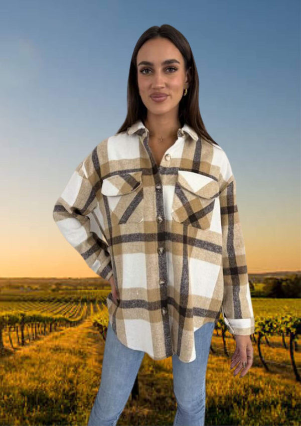 Oversized Shacket Jacket in Tan Plaid Check
