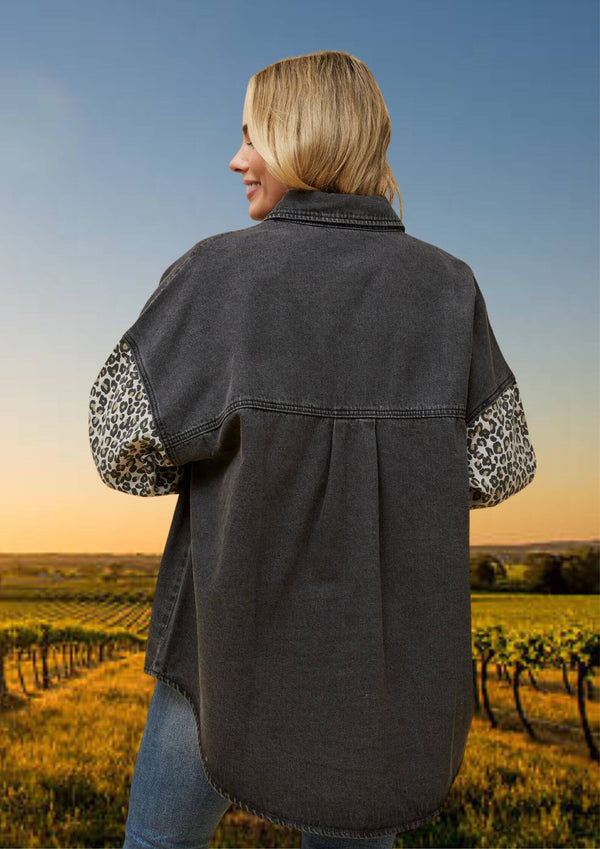 Oversized Washed Denim Shacket with Animal Print Elements