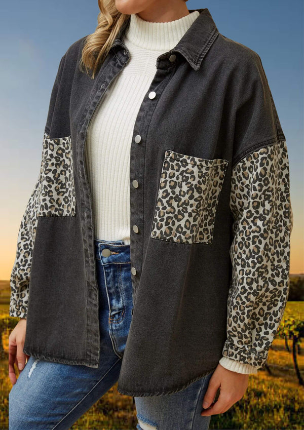 Oversized Washed Denim Shacket with Animal Print Elements