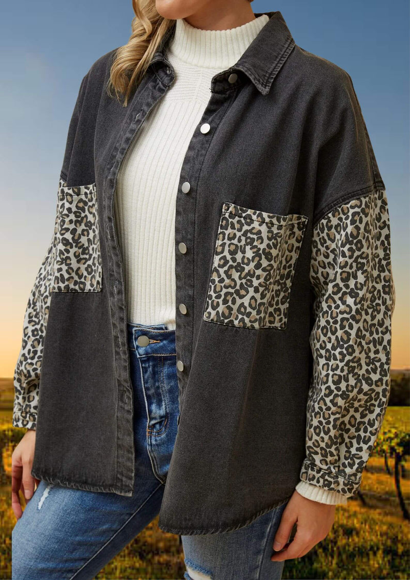 Oversized Washed Denim Shacket with Animal Print Elements