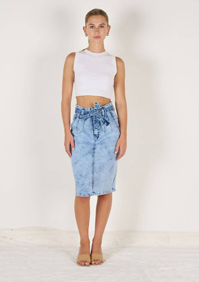 Paper bag Waist Stretch Denim Midi Skirt by Wakee