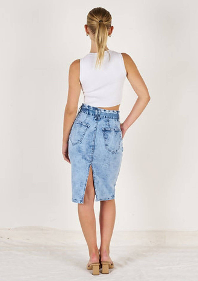 Paper bag Waist Stretch Denim Midi Skirt by Wakee