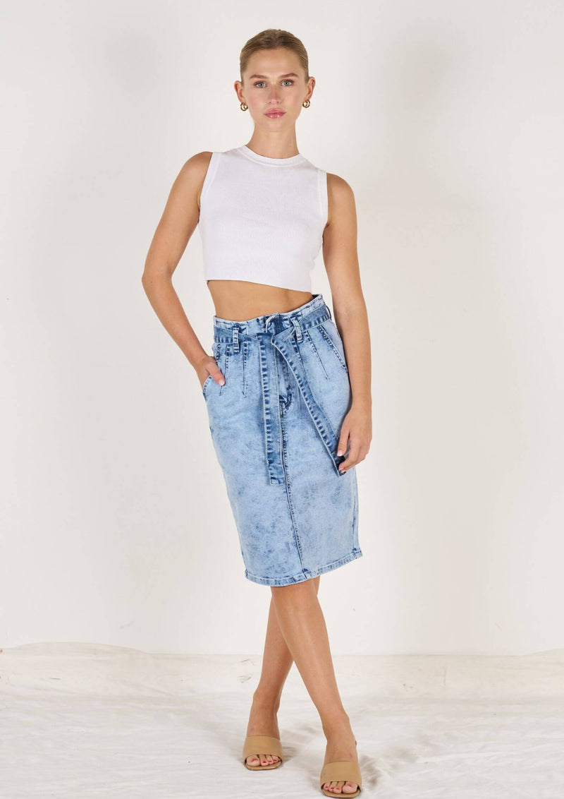 Paper bag Waist Stretch Denim Midi Skirt by Wakee