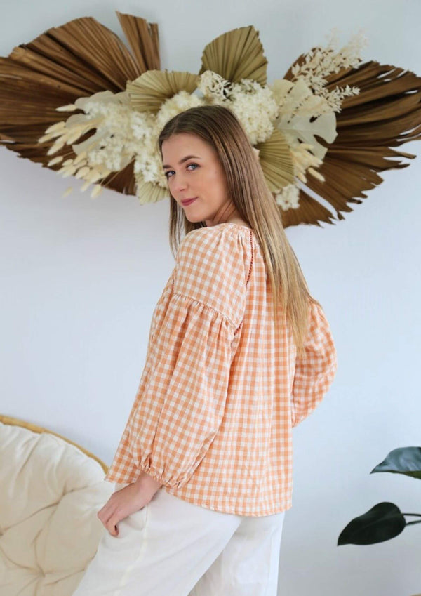 Penny Boho Top Blouse in Citrus Gingham Check