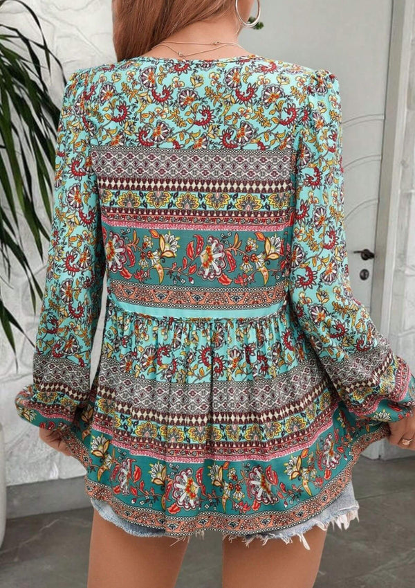 Pepper Long Sleeve Boho Blouse in Aqua Blue Print