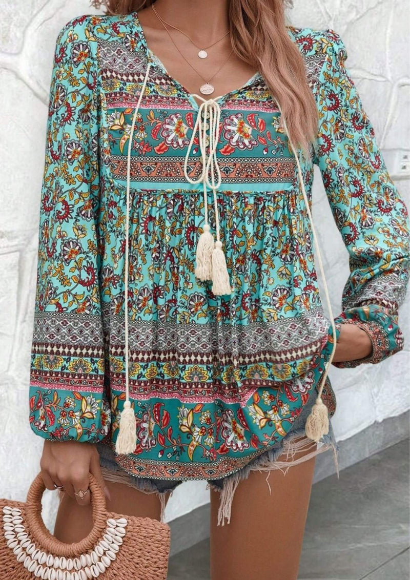 Pepper Long Sleeve Boho Blouse in Aqua Blue Print