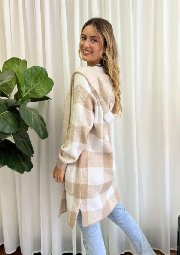 Plaid Cardigan Jacket with Hood in Latte