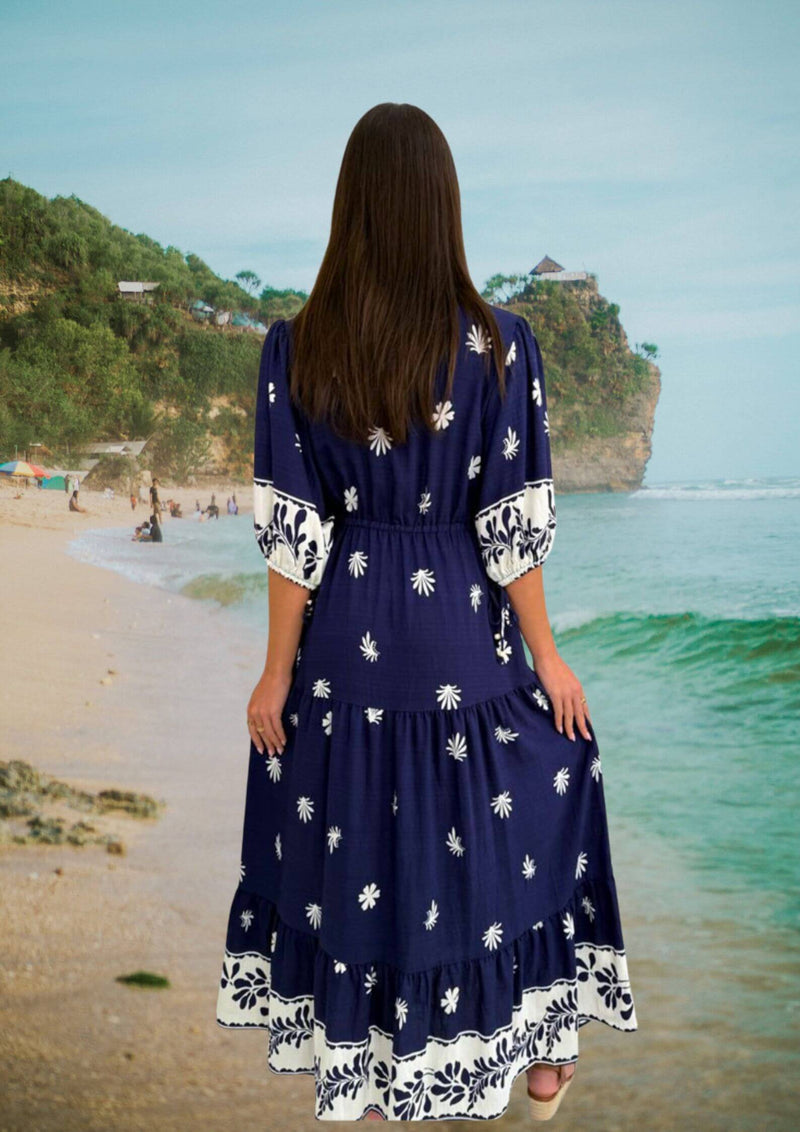 Reba Half Sleeve Maxi Dress in Navy Blue Print