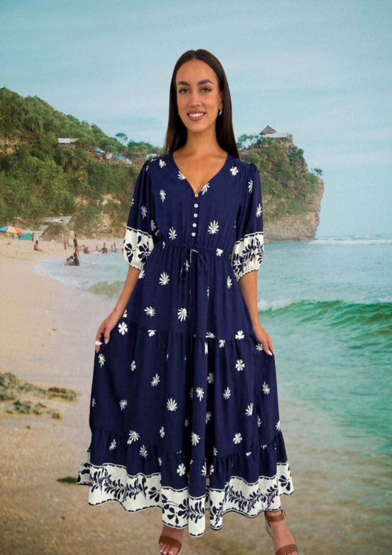 Reba Half Sleeve Maxi Dress in Navy Blue Print