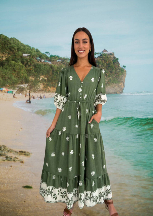 Reba Half Sleeve Maxi Dress in Sage Print
