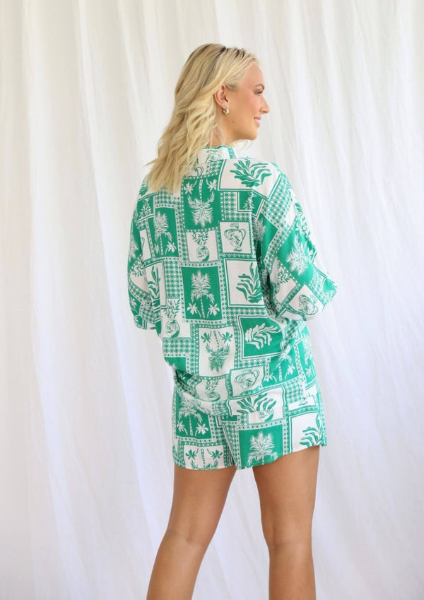 Riley Oversized Shirt Top in Green and White