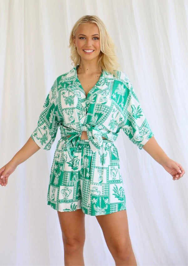 Riley Oversized Shirt Top in Green and White