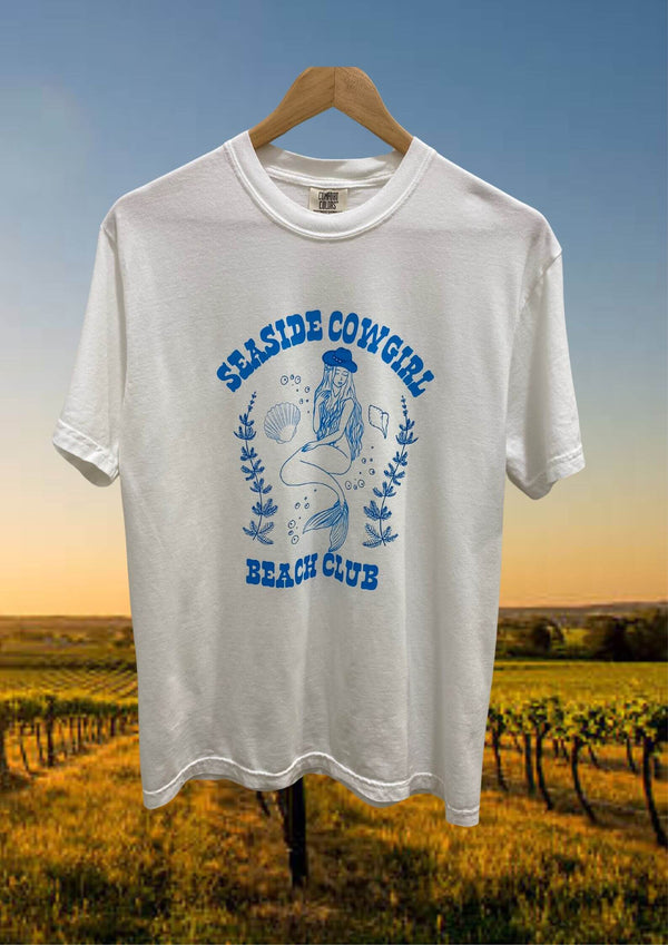Seaside Cowgirl Beach Club Mermaid Unisex T Shirt in White
