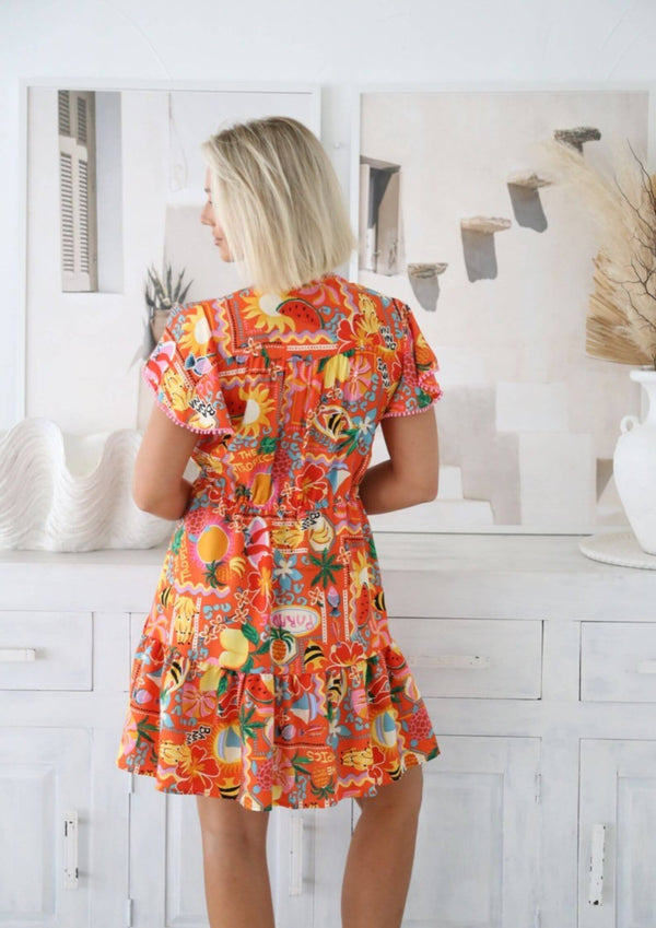 St Tropez Boho Short Sleeve Dress in Citrus Island Print