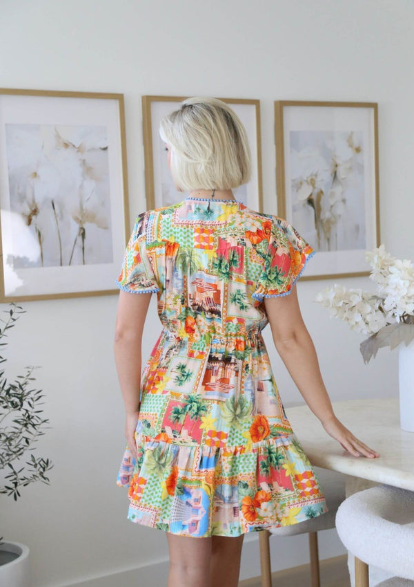 St Tropez Boho Short Sleeve Dress in Island Breeze Print