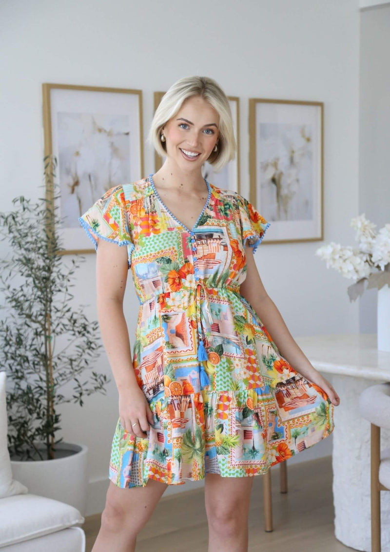 St Tropez Boho Short Sleeve Dress in Island Breeze Print