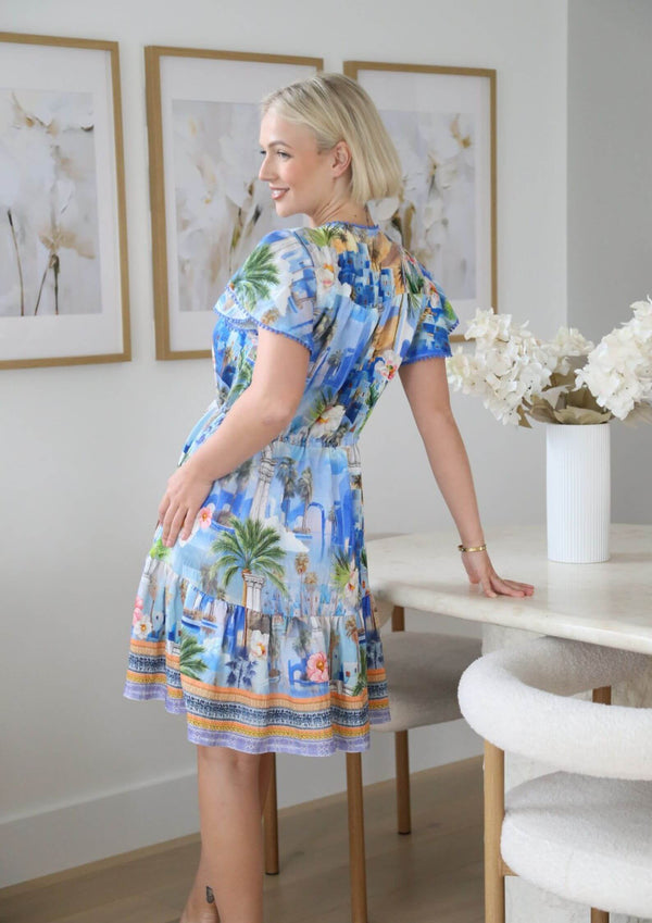 St Tropez Boho Short Sleeve Dress in Santorini Print
