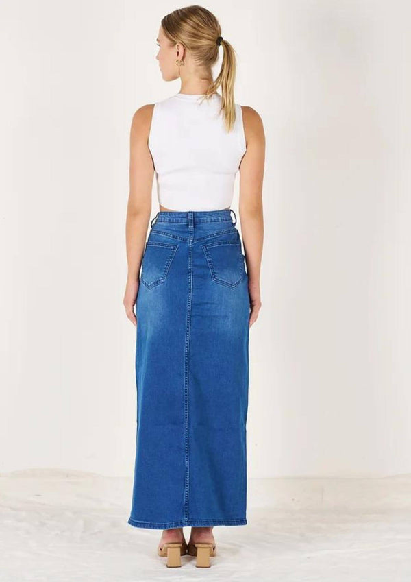 Stretch Denim Front Split Maxi Skirt in Blue by Wakee