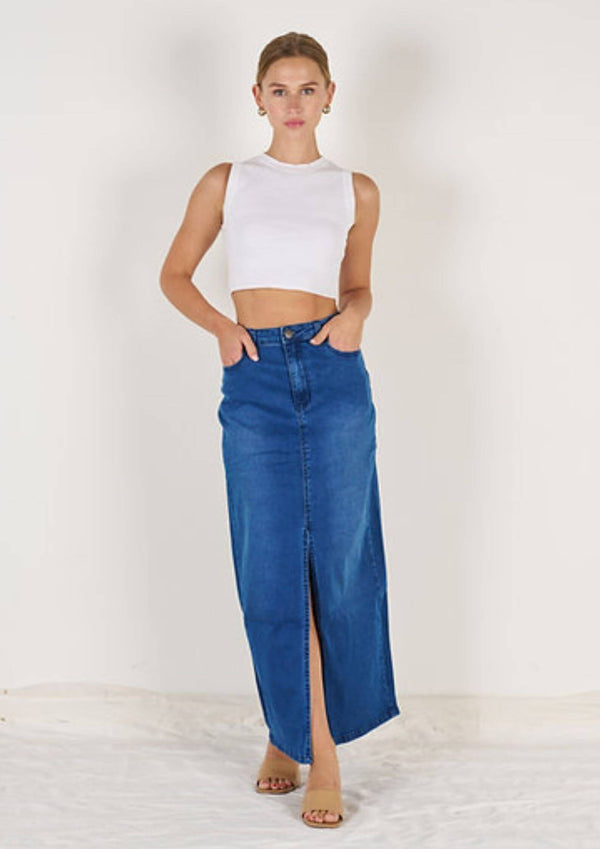 Stretch Denim Front Split Maxi Skirt in Blue by Wakee