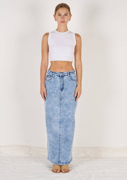 Stretch Denim Maxi Skirt in Blue Wash by Wakee