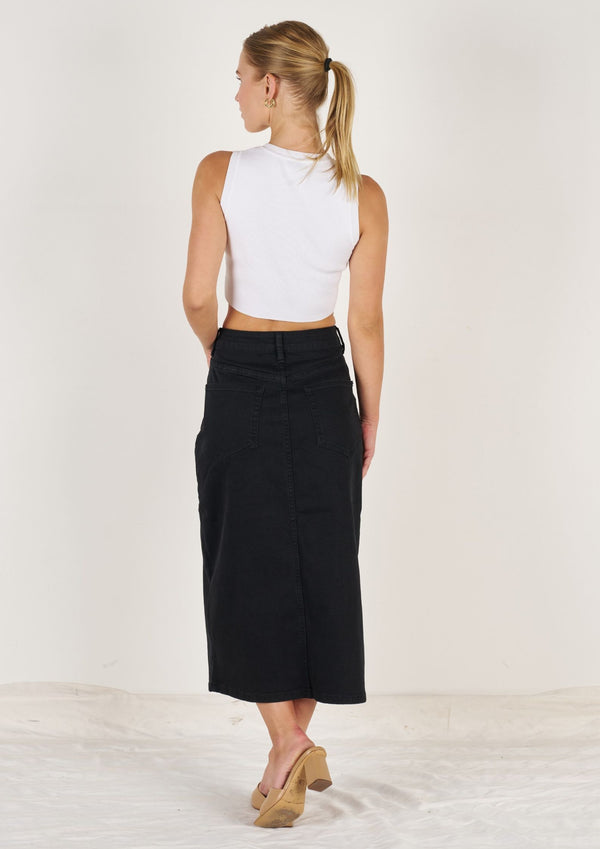 Stretch Denim Midi Skirt with Split in Black