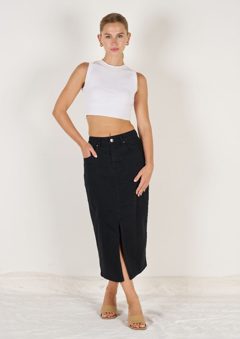 Stretch Denim Midi Skirt with Split in Black