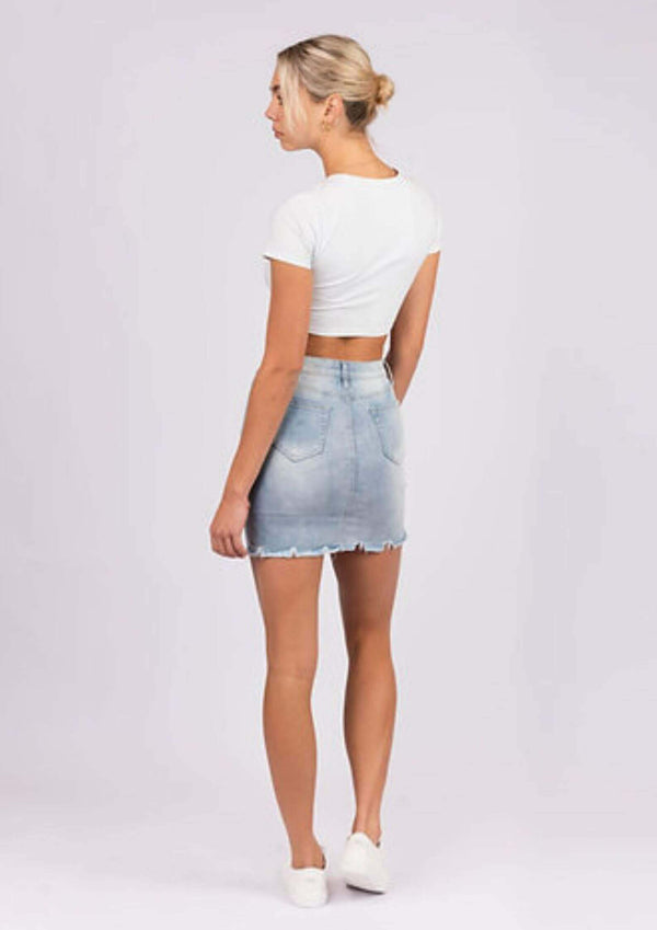 Stretch Denim Short Skirt in Blue Wash by Wakee by Wakee