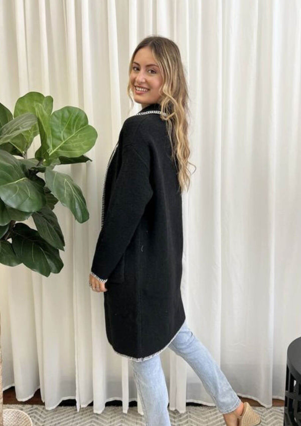 Super Soft Cardigan Jacket with Contrast Stitching in Black