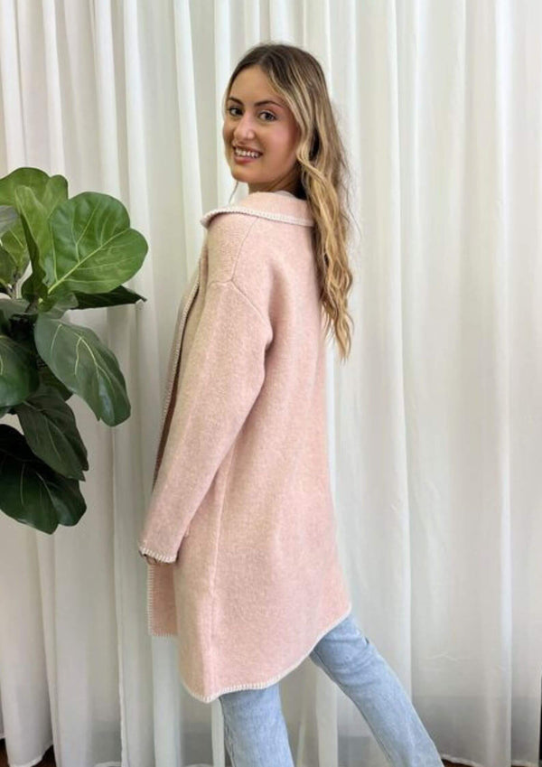 Super Soft Cardigan Jacket with Contrast Stitching in Blush