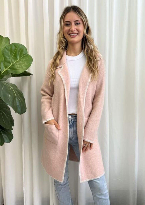 Super Soft Cardigan Jacket with Contrast Stitching in Blush