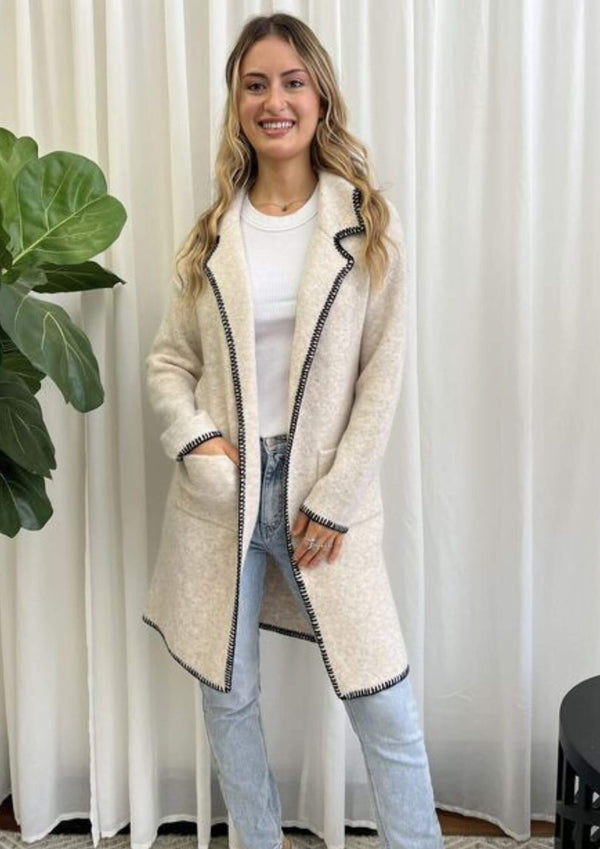 Super Soft Cardigan Jacket with Contrast Stitching in Oat