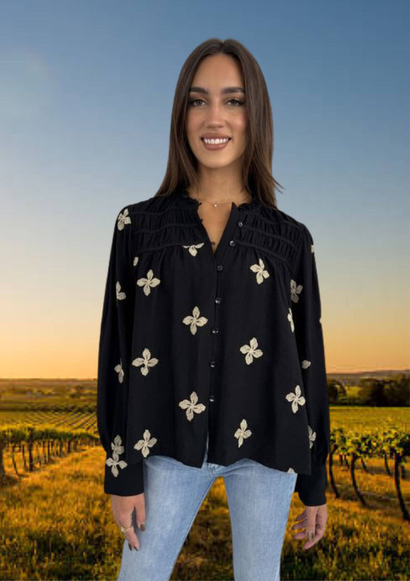Talyse Long Sleeve Embroidered Blouse Top in Black