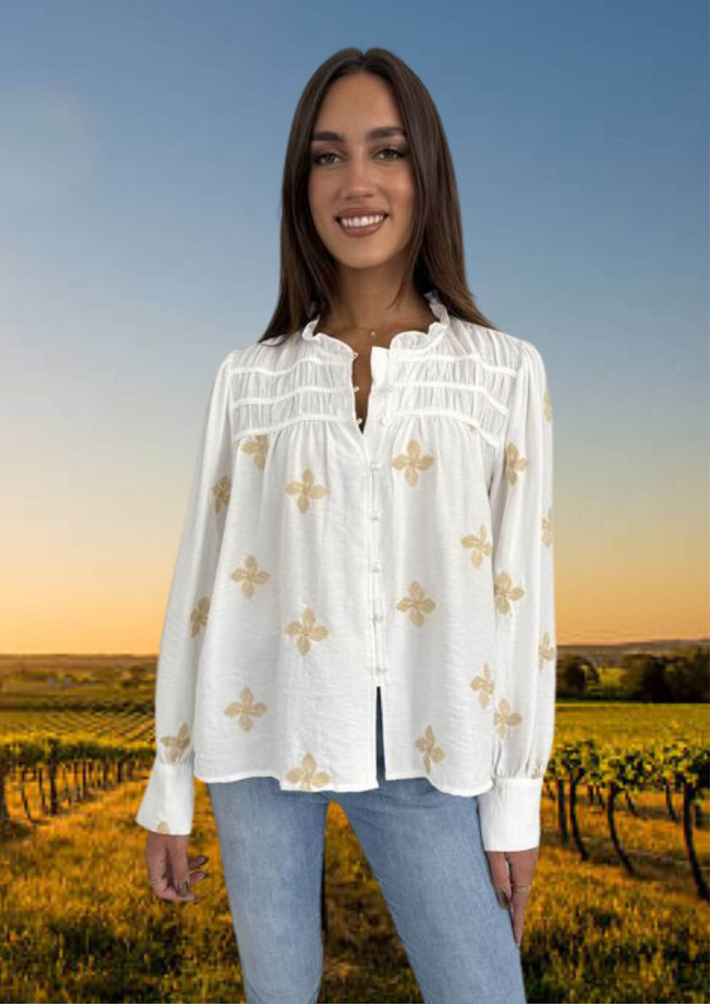 Talyse Long Sleeve Embroidered Blouse Top in White