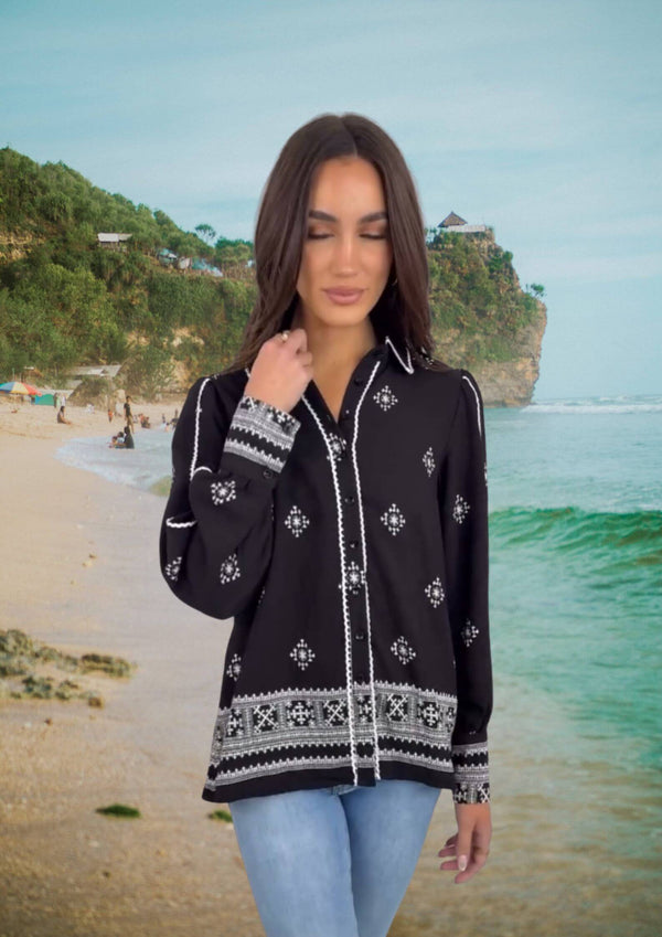 Tanner Long Sleeve Blouse Shirt in Black and White Print