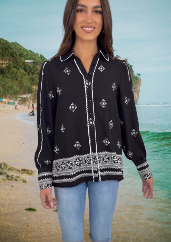 Tanner Long Sleeve Blouse Shirt in Black and White Print