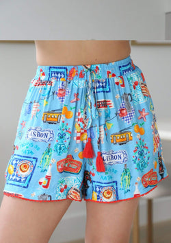 Tastes of Italy Elastic Waist Shorts in Blue