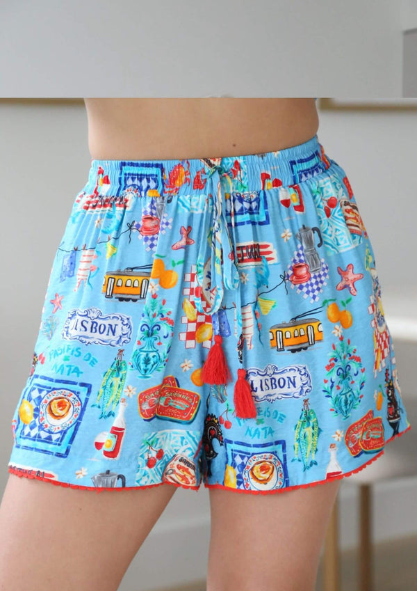 Tastes of Italy Elastic Waist Shorts in Blue