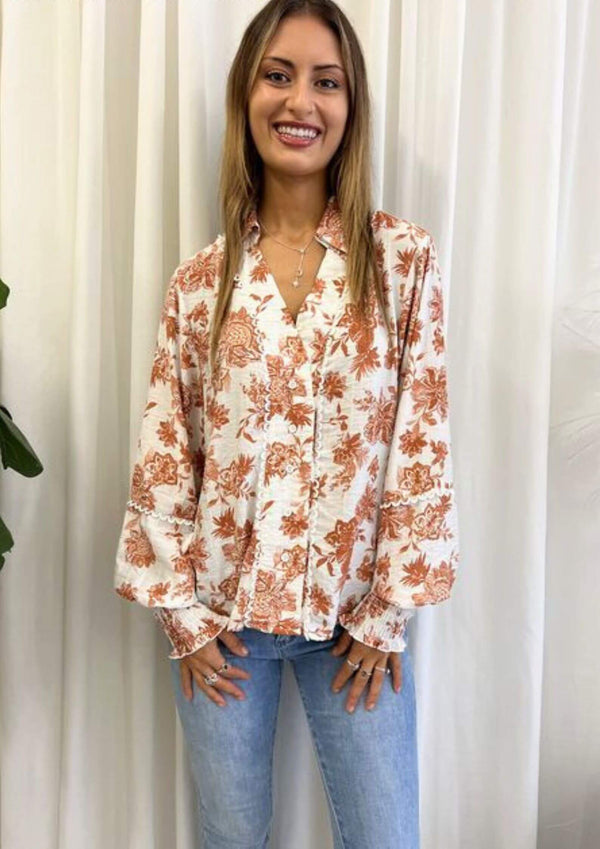 Terra Long Sleeve Top Blouse in White and Rust