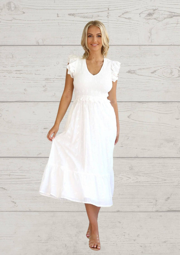 Texas Broderie Cotton Midi Dress in White
