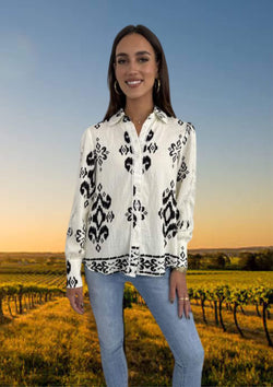 Trelly Long Sleeve Ikat Print Blouse Top in Ivory and Black