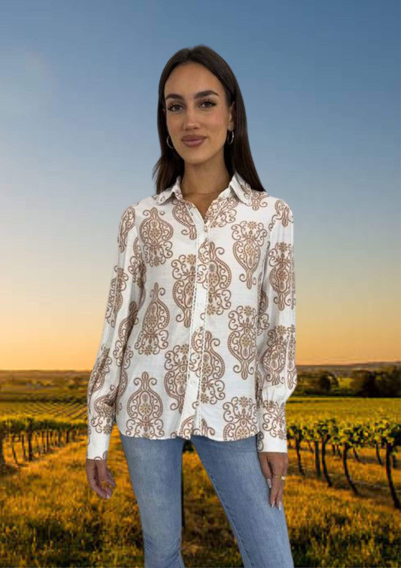 Trinny Long Sleeve Scroll Print Blouse Top in Ivory