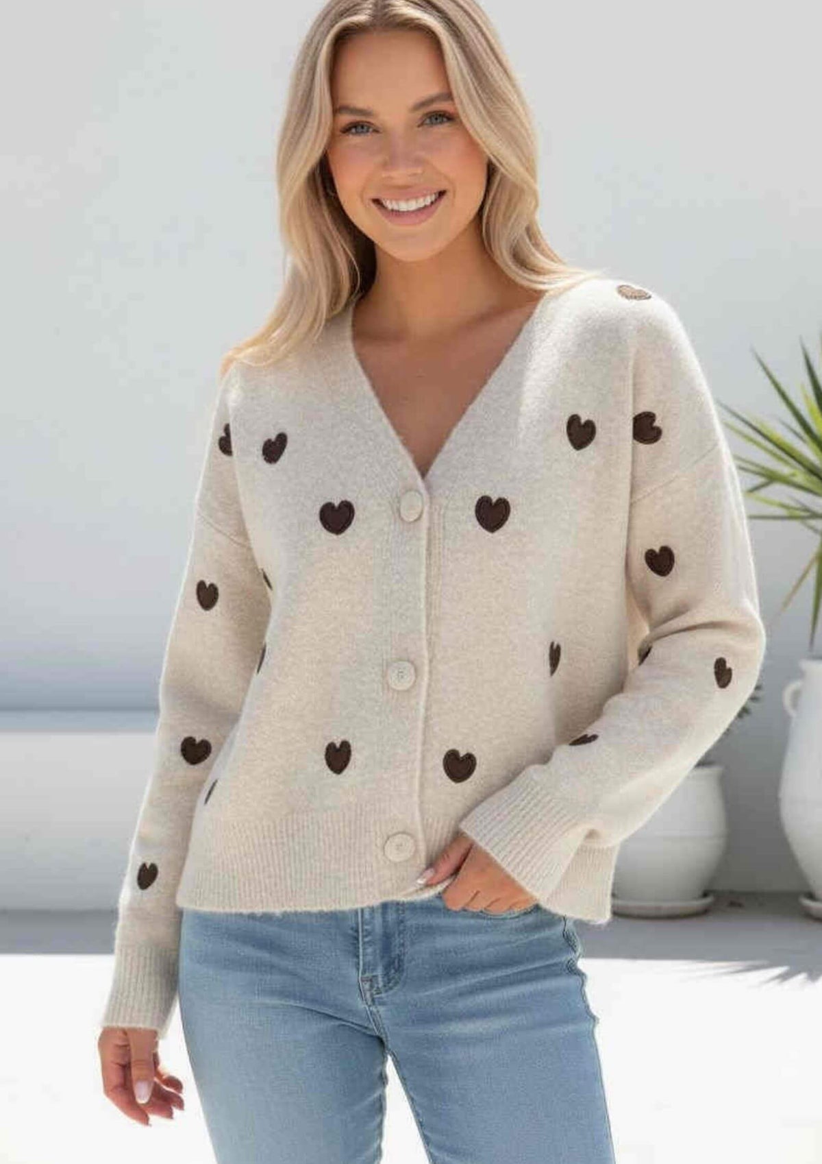 Round Neck Knit Jumper In Oat Choc Hearts – Frangipani Living