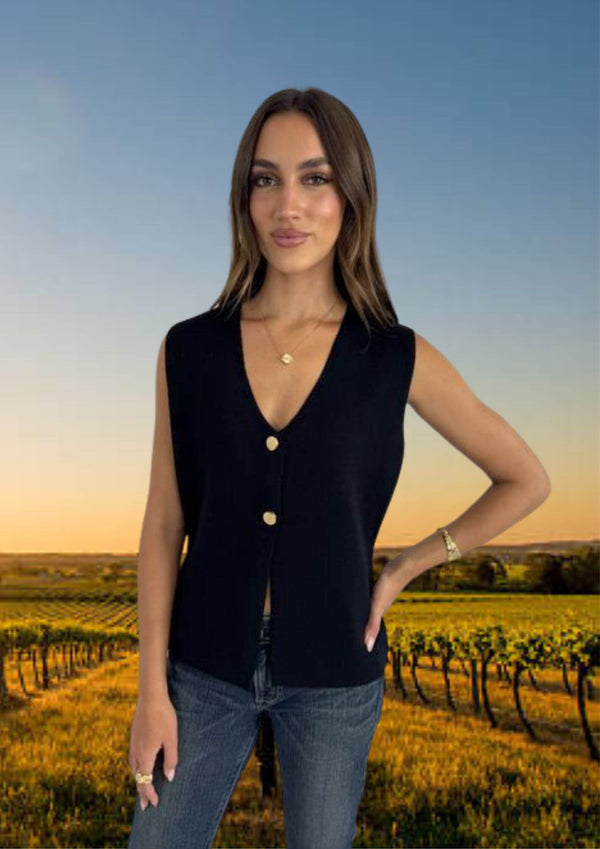 V Neck Knit Vest with Gold Buttons in Black