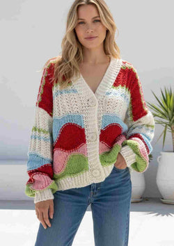 V Neck Patchwork Style Knit Cardi in Candy Apple White