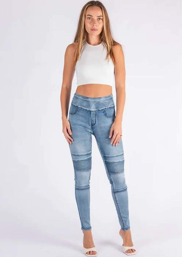 Wakee High Waist Pull On Jeans in Acid Wash Blue by Wakee