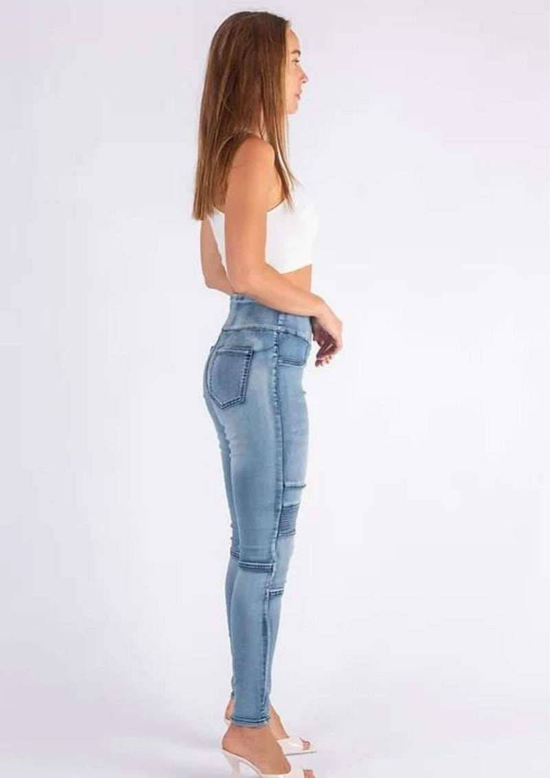 Wakee High Waist Pull On Jeans in Acid Wash Blue by Wakee